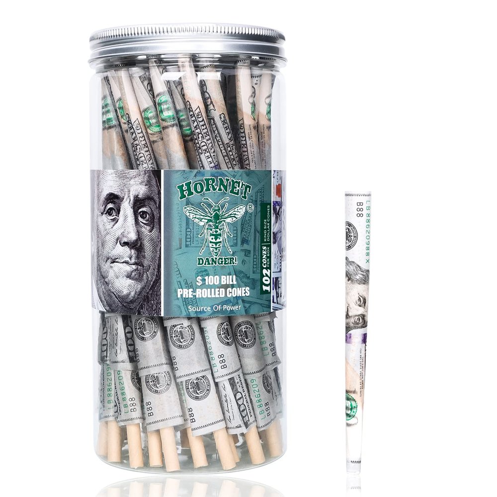 100 Dollar Pre Rolled Cones, 102 Pack King Size Hundred Dollar Bill Cones Rolling Papers, $100 Bill Preroll Cones Rolling Papers, Slow Burning