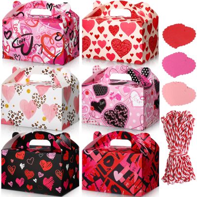 24 Pack Valentine's Day Treat Boxes Heart Prints Cardboard Box for Goody Cookie Holder Heart Tags and Twine, 6 x 3.5 x 3.5 Inches Sweet Party Favor Boxes for Mother's Day Women Classroom Supplies