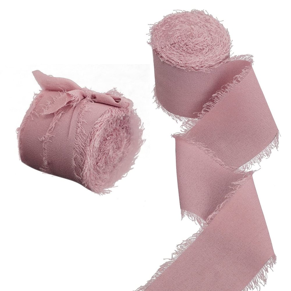 Set of 2 Rolls, Handmade Fringe Chiffon Silk-Like Ribbon 1.5" x 7Yd Pink Ribbons for Wedding Invitations, Bouquets, Gift Wrapping (Color : 03)