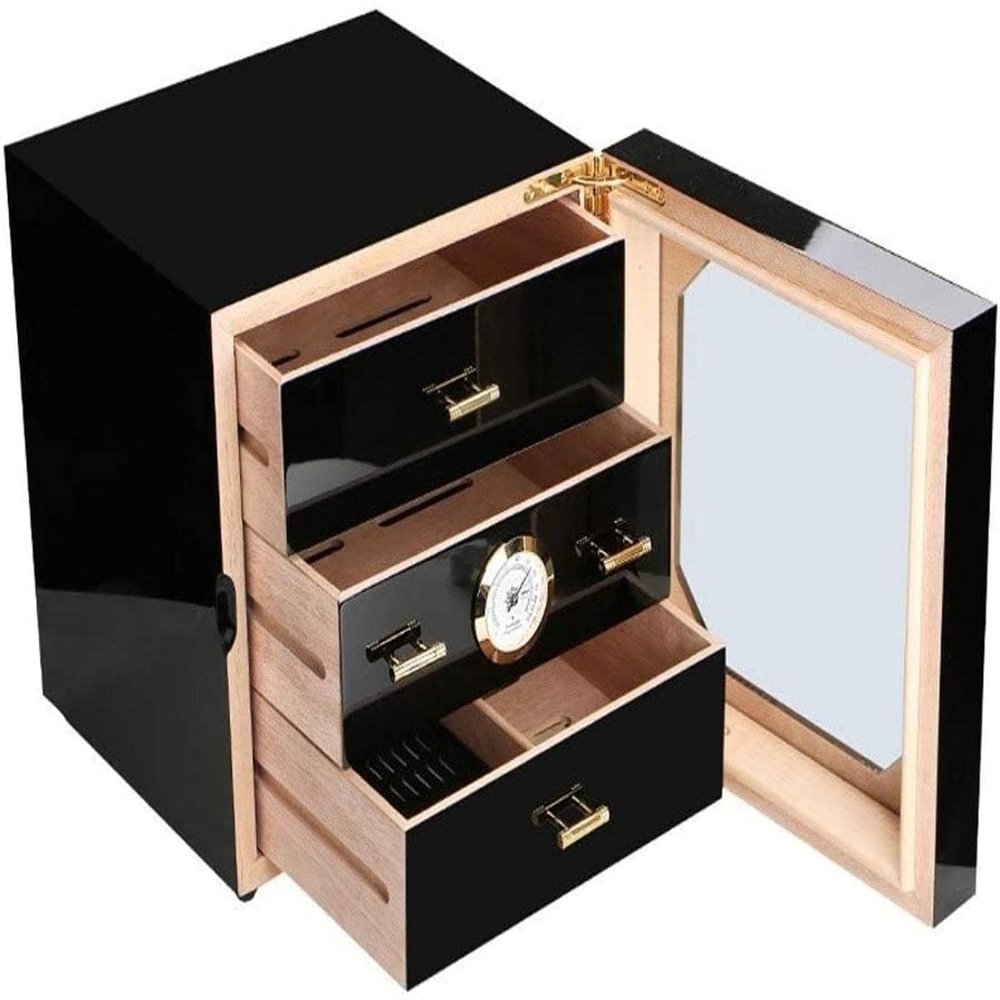 HongLianRiven Cigar Box Humidor Desktop Cigar Humidor Tempered Glasstop with Front Mounted Hygrometer and Humidifier,Storage Box (Color : Black)