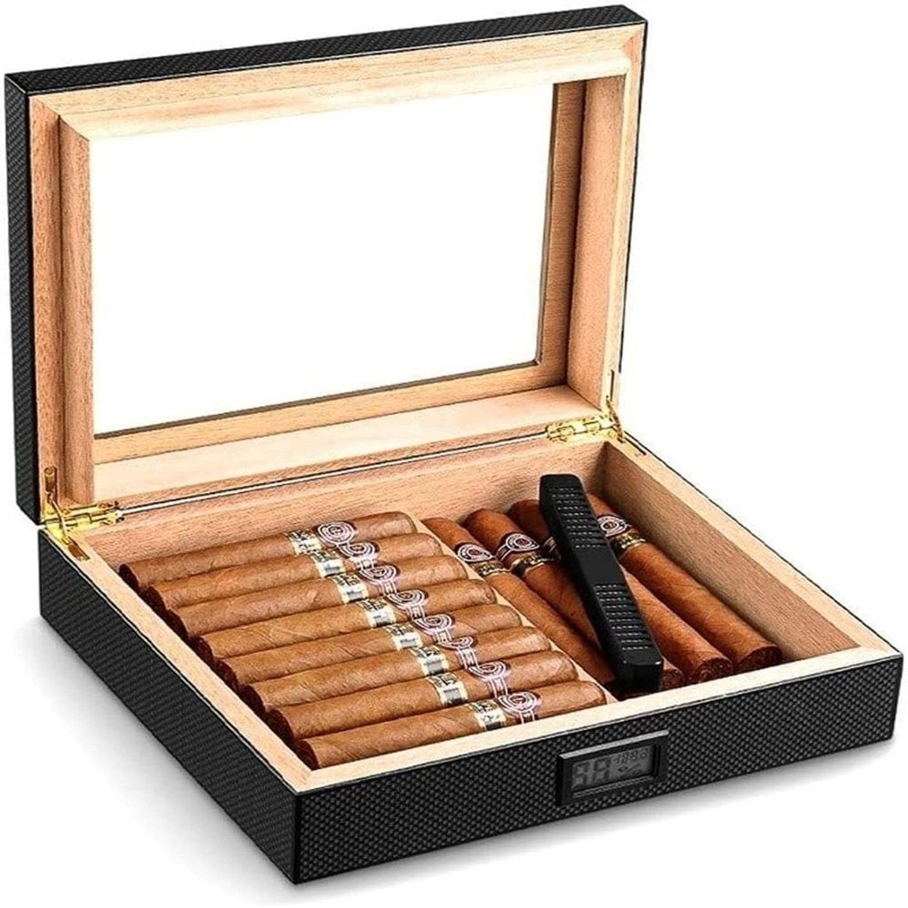 HongLianRiven Cigar Box Humidor Cigar Box Set Carbon Fiber Front Digital Hygrometer and Humidifier Cedar Wood Lining Suitable for Beginner Men (Color: Black) (Color : Black)