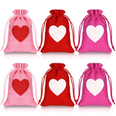 24 Pcs Valentine Heart Burlap Bags 4 x 5. 5 Inches Drawstring Linen Present Pouch Mini Wedding Favor Bags with Drawstring for Wedding Bridal Shower Valentine Gift