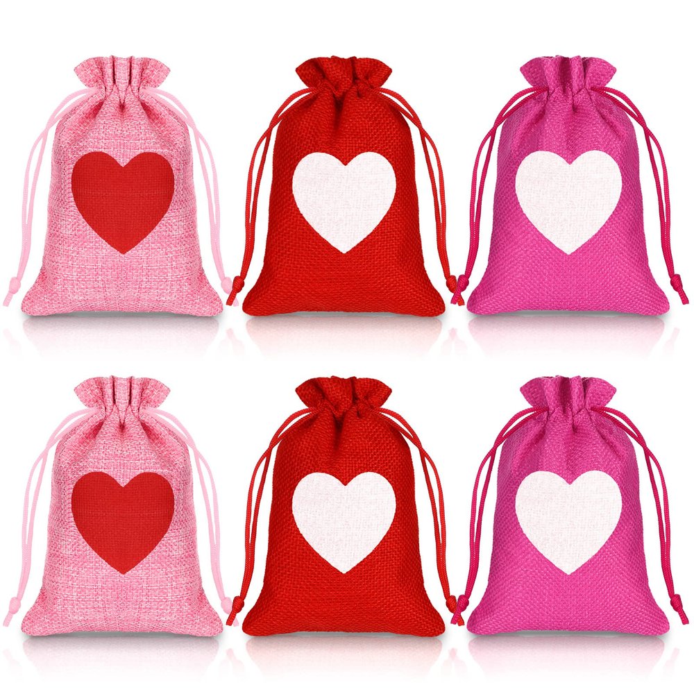 24 Pcs Valentine Heart Burlap Bags 4 x 5. 5 Inches Drawstring Linen Present Pouch Mini Wedding Favor Bags with Drawstring for Wedding Bridal Shower Valentine Gift