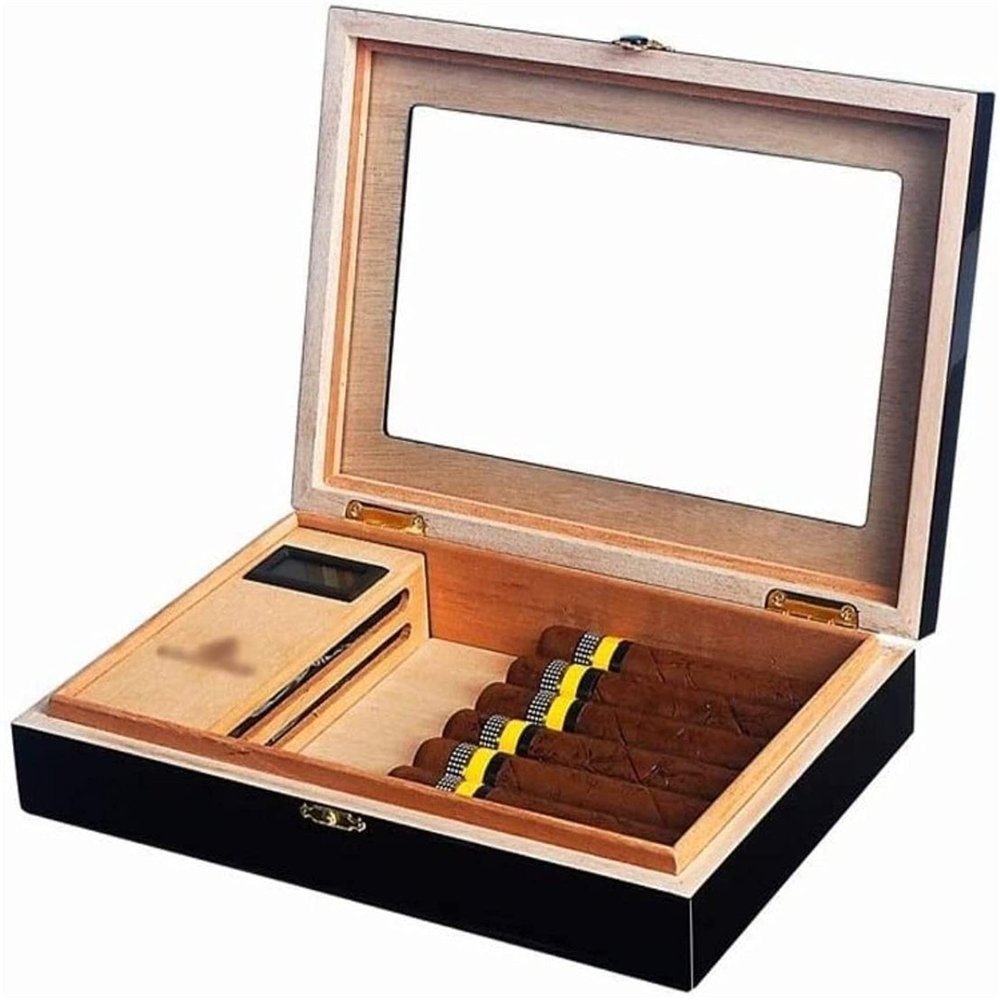 HongLianRiven Cigar Box Humidor Cedar Wood Cigar Humidor, Desktop Cigar Display Box with Display Window (Color : Black)