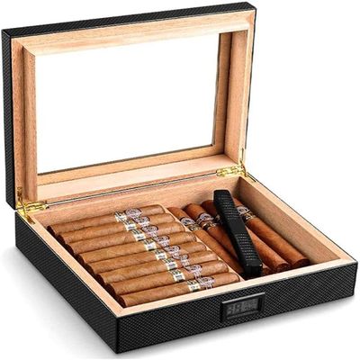 HongLianRiven Cigar Box Humidor Cigar Humidor Carbon Fiber Handmade Cedar Wood/Front Digital Hygrometer/Humidifier/Glass Top/Holds 20-25 Cigars (Color : Black)