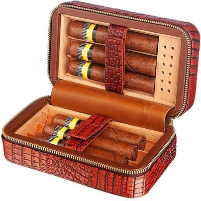 HongLianRiven Cigar Box Humidor Cigar Case Travel Genuine Leather Humidor, Cedar Wood Lined with Humidifier and Removable Trays
