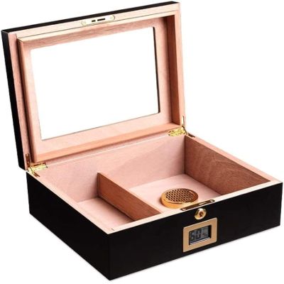 HongLianRiven Cigar Box Humidor Cigar Humidor, Cigar Box with Front Hygrometer and Humidifier, with Security Lock (Color : Black)