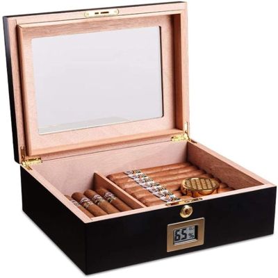 HongLianRiven Cigar Box Humidor Cedar Wood Humidor, Cigar Box with Lock, Large Capacity Cigar Box, with Hygrometer and Humidifier (Color : Black)