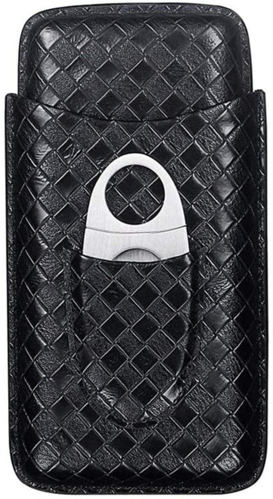 HongLianRiven Cigar Box Humidor Portable Leather Cigar Box, Cigar Box Travel, Can Accommodate 3 Cigars and Stainless Steel Cigar Cutter (Color : Black)