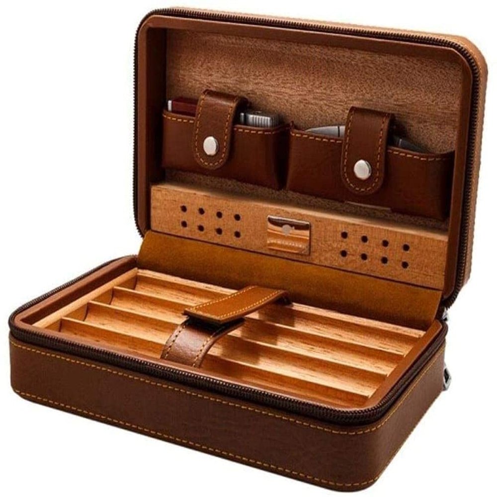 HongLianRiven Cigar Box Humidor Travel Cigar Box, Leather Cigar Box (with Humidifier and Cigar Cutter) (Color : Brown)
