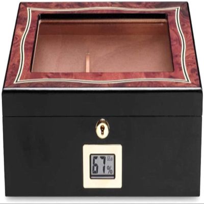 HongLianRiven Cigar Box Humidor Desktop Cigar Humidor, Tempered Glass Top Hygrometer Humidifier, Cedar-Lined Cigar Storage Box (Color : Black)