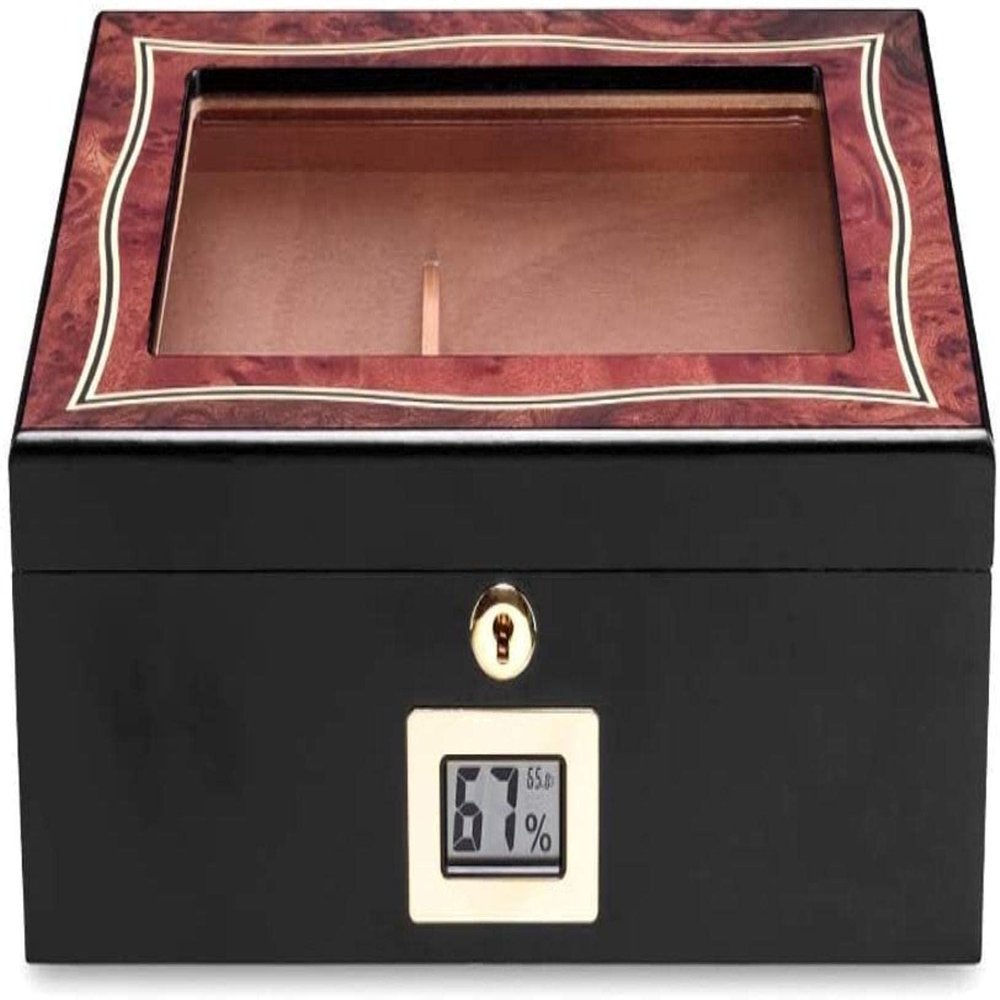 HongLianRiven Cigar Box Humidor Desktop Cigar Humidor, Tempered Glass Top Hygrometer Humidifier, Cedar-Lined Cigar Storage Box (Color : Black)
