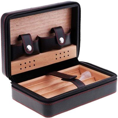 HongLianRiven Cigar Box Humidor Cedar Wood Lined Portable Travel Black Leather Cigar Case Humidor