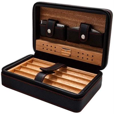 HongLianRiven Cigar Box Humidor Portable Travel Leather Cigar Case,Cigar Humidor,Portable Cigar Humidifier Box with Two Pockets (Color : Black)