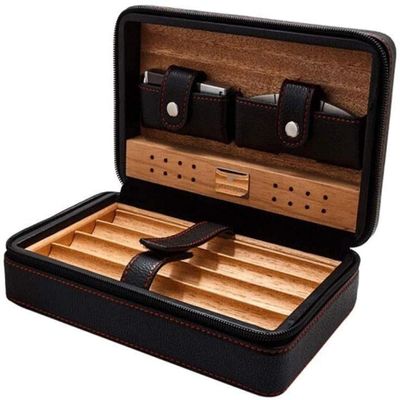 HongLianRiven Cigar Box Humidor Travel Cigar Box, Leather Cigar Box (with Humidifier and Cigar Cutter) (Color : Black)
