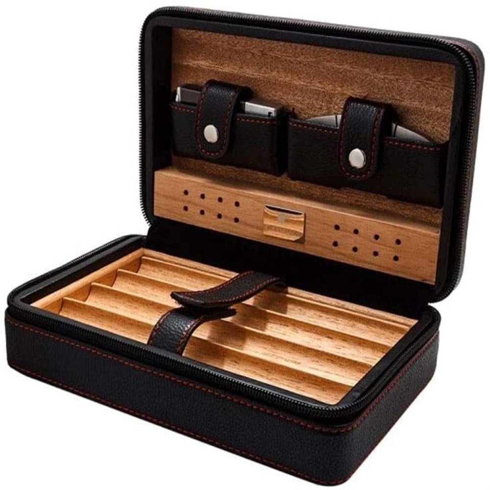 HongLianRiven Cigar Box Humidor Travel Cigar Box, Leather Cigar Box (with Humidifier and Cigar Cutter) (Color : Black)