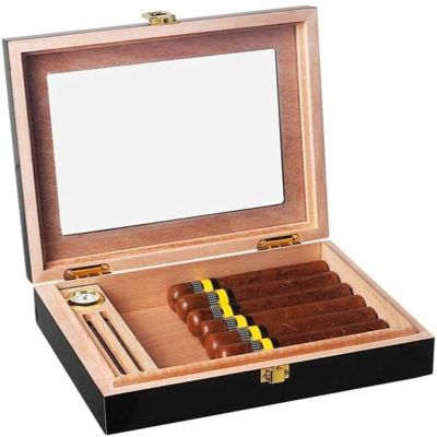 HongLianRiven Cigar Box Humidor Humidor Men's Cedar Wood with Glass/Hygrometer/humidifier, Can Store Multiple Cigars (Color: Black) (Color : Black)