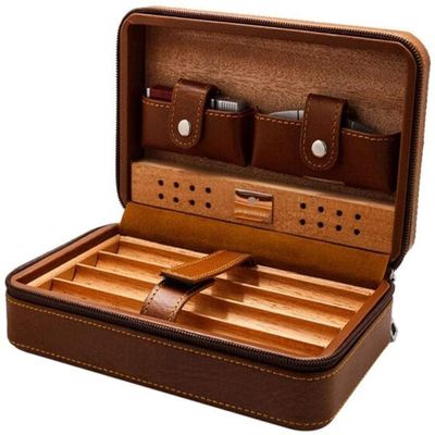HongLianRiven Cigar Box Humidor Portable Travel Leather Cigar Case,Cigar Humidor,Portable Cigar Humidifier Box with Two Pockets (Color : Brown)