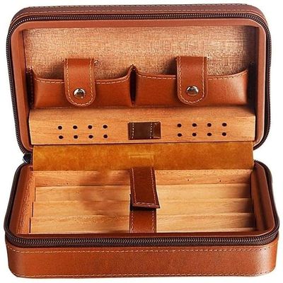 HongLianRiven Cigar Box Humidor Portable Travel Cigar Humidifier, Cigar Case with Two Pockets, Cigar Case (Color : Brown)