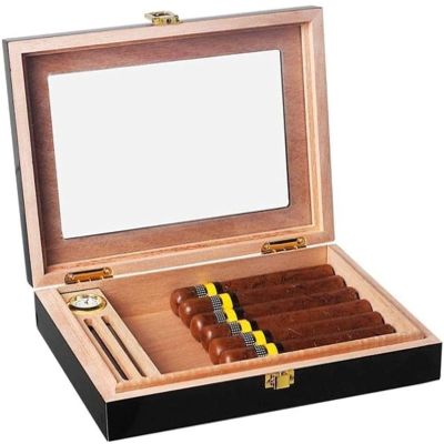 HongLianRiven Cigar Box Humidor Portable Cigar Box, Cedar Wood Cigar Box, with Glass/Hygrometer/Humidifier (Color : Black)