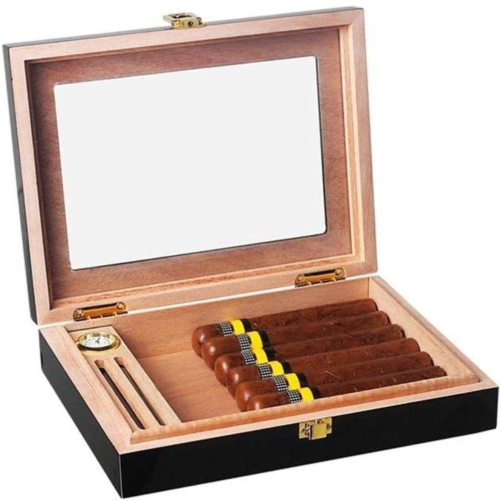 HongLianRiven Cigar Box Humidor Portable Cigar Box, Cedar Wood Cigar Box, with Glass/Hygrometer/Humidifier (Color : Black)