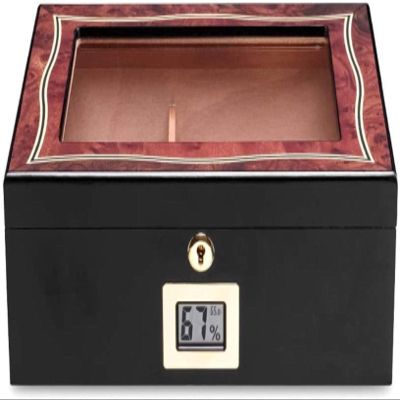 HongLianRiven Cigar Box Humidor Cigar Storage Box Tempered Glass Top Hygrometer Humidifier Cedar Wood Lining Can Hold About 35 Cigars, with Lock (Color: Black) (Color : Black)