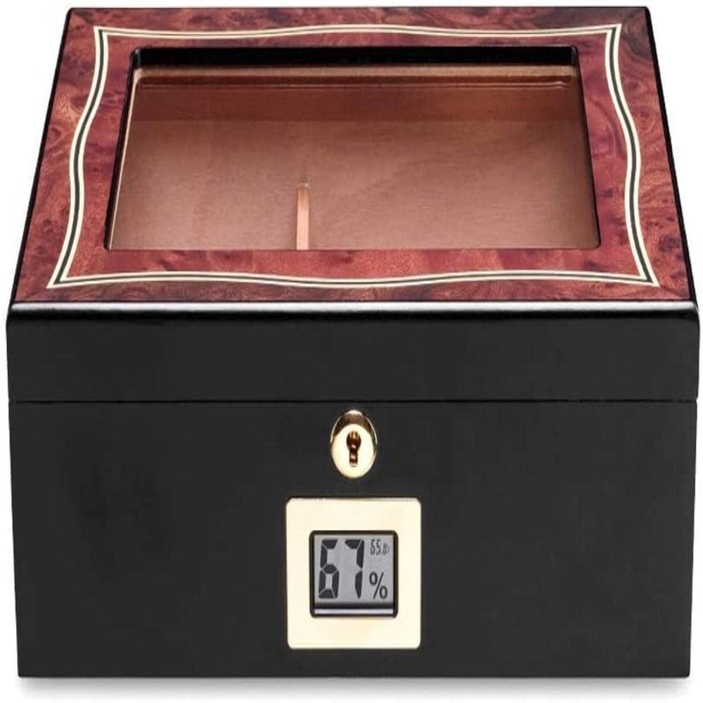 HongLianRiven Cigar Box Humidor Cigar Storage Box Tempered Glass Top Hygrometer Humidifier Cedar Wood Lining Can Hold About 35 Cigars, with Lock (Color: Black) (Color : Black)