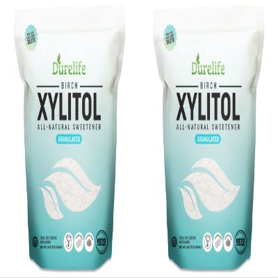 DureLife XYLITOL Sugar Substitute 2.5LB Bulk 2 Pack (80 OZ) Made From 100% Pure Birch Xylitol NON GMO - Gluten Free - Kosher, Sugar alternative, Packaged In A Resealable zipper lock Stand Up Pouch Bag