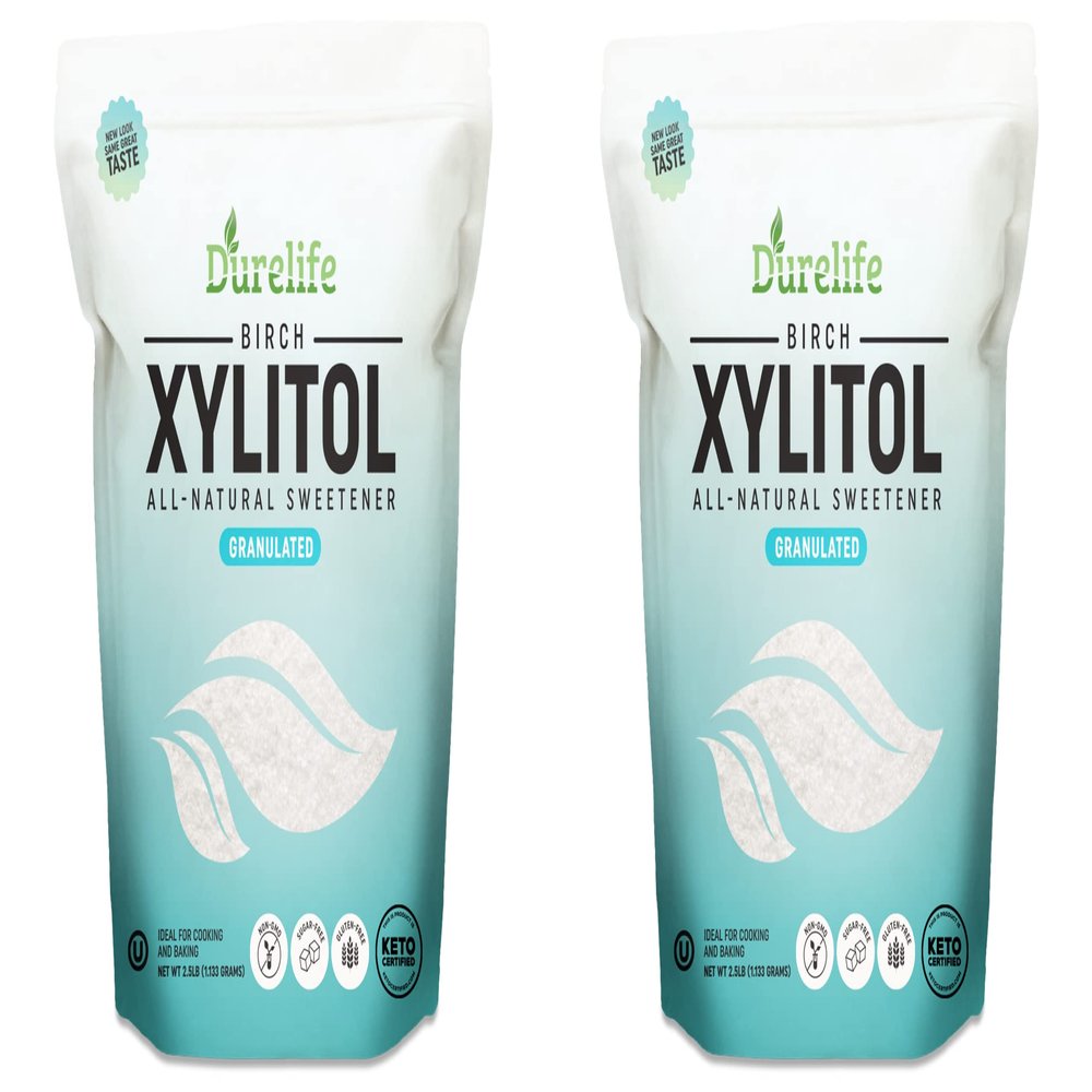 DureLife XYLITOL Sugar Substitute 2.5LB Bulk 2 Pack (80 OZ) Made From 100% Pure Birch Xylitol NON GMO - Gluten Free - Kosher, Sugar alternative, Packaged In A Resealable zipper lock Stand Up Pouch Bag
