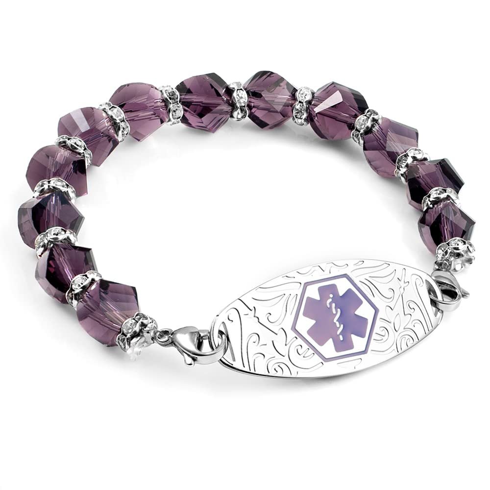 StickyJ Shimmering Purple Bead Stretch Medical ID Bracelet for Women 7.5 inches