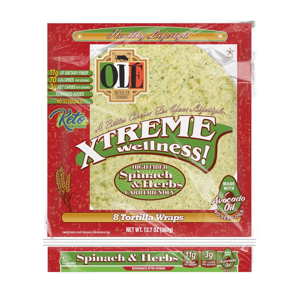 Ol Xtreme Wellness Spinach & Herbs | 8" Size Flour Tortillas |Carb Friendly |Keto Friendly | 12.7 oz.| 8 Count (Pack of 6)