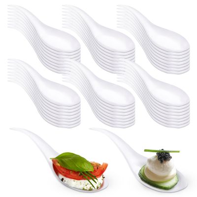 Oasis Creations Tear Drop Tasting Spoons - 50 Count Disposable White Plastic Appetizer and Dessert Spoons