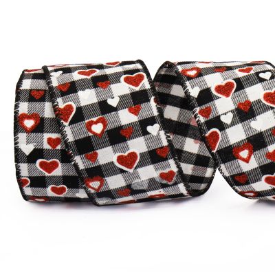 Valentine's Day Glitter Heart Ribbons for Wreath Bows Wrapping Gifts, Black and White Buffalo Plaid Ribbons for Valentine's Day Wedding Decoration DIY Crafts, 2.48" X 10 Yards Wired Edge Burlap Ribbon