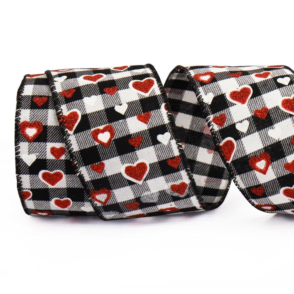 Valentine's Day Glitter Heart Ribbons for Wreath Bows Wrapping Gifts, Black and White Buffalo Plaid Ribbons for Valentine's Day Wedding Decoration DIY Crafts, 2.48" X 10 Yards Wired Edge Burlap Ribbon