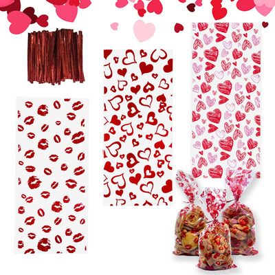 LANGFON 150 Pieces Valentine's Day Cellophane Gift Bags, Valentines 3 Patterns Heart Cellophane Treat Bags with 150 Twist Ties for Cookies Candy Party Decoration