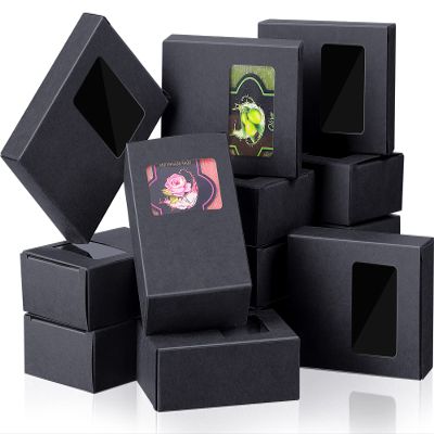 Spakon 30 Pcs Soap Boxes for Homemade Soap Packaging Mini Kraft Paper Box with Window 3.5 x 2.6 x 1.2 Inch Rectangle Gift Box for Bakery Candy Gift Packaging Halloween Birthday Party (Black)