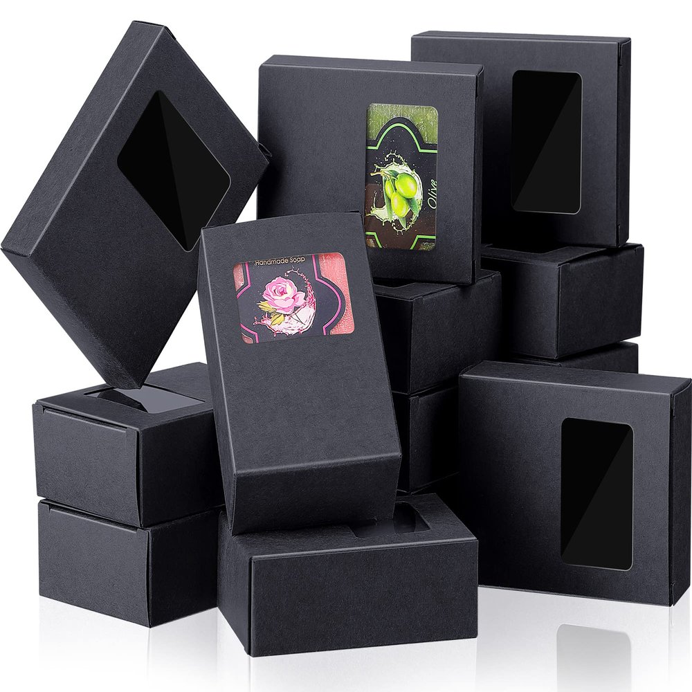 Spakon 30 Pcs Soap Boxes for Homemade Soap Packaging Mini Kraft Paper Box with Window 3.5 x 2.6 x 1.2 Inch Rectangle Gift Box for Bakery Candy Gift Packaging Halloween Birthday Party (Black)