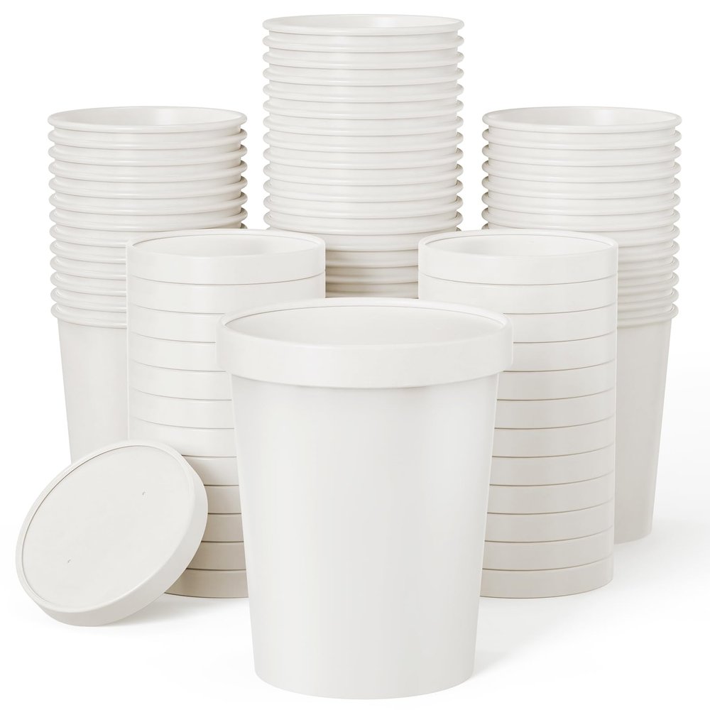 JOLLY PARTY 25pack 32oz Paper Soup Containers with Lids, Disposable Food Cups, White Ice Cream Bowls, Paper food Storage with Vented Lids, for Restaurants, To-Go Lunch