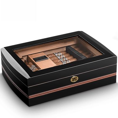 Desktop Humidor Case Holds About 50 Cigar,Cedar Wood Cigar Storage Box with Divider,Cigar Box with Digital Humidifier and Hygrometer,Glass Top Display,Black-B-332310cm