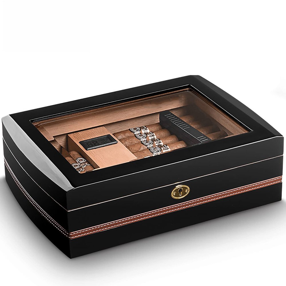 Desktop Humidor Case Holds About 50 Cigar,Cedar Wood Cigar Storage Box with Divider,Cigar Box with Digital Humidifier and Hygrometer,Glass Top Display,Black-B-332310cm