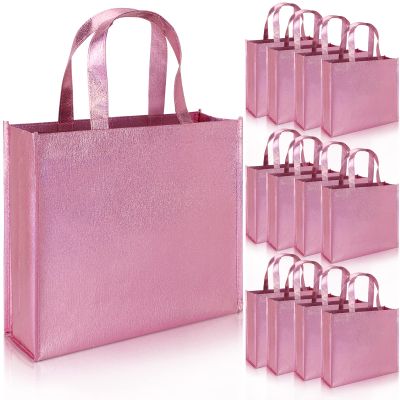 PHOGARY 12 Large Gift Bags with Handles 12.6x3.9x10.6inch(Pink) Stylish Party Bags for Birthday Bachelorette Wedding Party Favor Bridal Shower Wrap, Reusable Goodie Bags, non-woven fabric