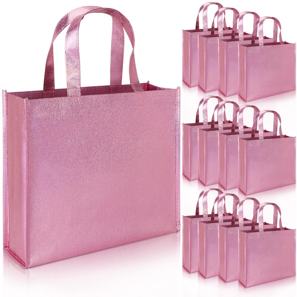 PHOGARY 12 Large Gift Bags with Handles 12.6x3.9x10.6inch(Pink) Stylish Party Bags for Birthday Bachelorette Wedding Party Favor Bridal Shower Wrap, Reusable Goodie Bags, non-woven fabric