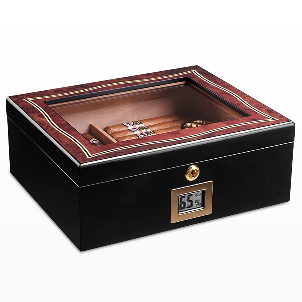 Desktop Humidor Case Holds About 50 Cigar,Cedar Wood Cigar Storage Box with Divider,Cigar Box with Digital Humidifier and Hygrometer,Glass Top Display,Black-A-29.524.511.2cm