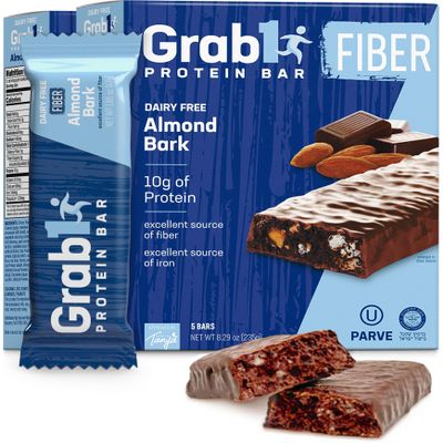 Grab1 "High Fiber" Dairy Free Protein Bars | 9 Grams Fiber | 10 Grams Protein | Almond Bark Flavor (2 Pack - 10 Bars) | Controls Hunger | Low Calorie | Lower Net Carbs | Certified Kosher | Perfect for Snacking
