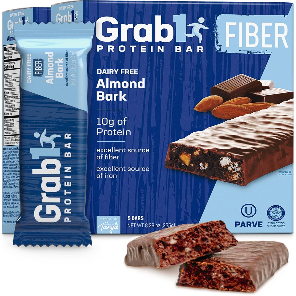 Grab1 "High Fiber" Dairy Free Protein Bars | 9 Grams Fiber | 10 Grams Protein | Almond Bark Flavor (2 Pack - 10 Bars) | Controls Hunger | Low Calorie | Lower Net Carbs | Certified Kosher | Perfect for Snacking