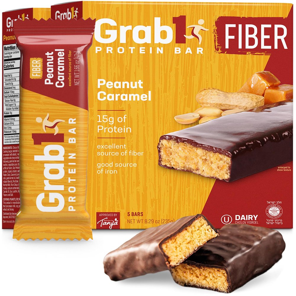 Grab1 High Fiber Protein Bars | 9 Grams Fiber | 10 Grams Protein | Peanut Caramel Flavor (2 Pack - 10 Bars) Controls Hunger | Delicious Tasting (For Real!) | Lower Net Carbs | Low Calorie | Certified Kosher