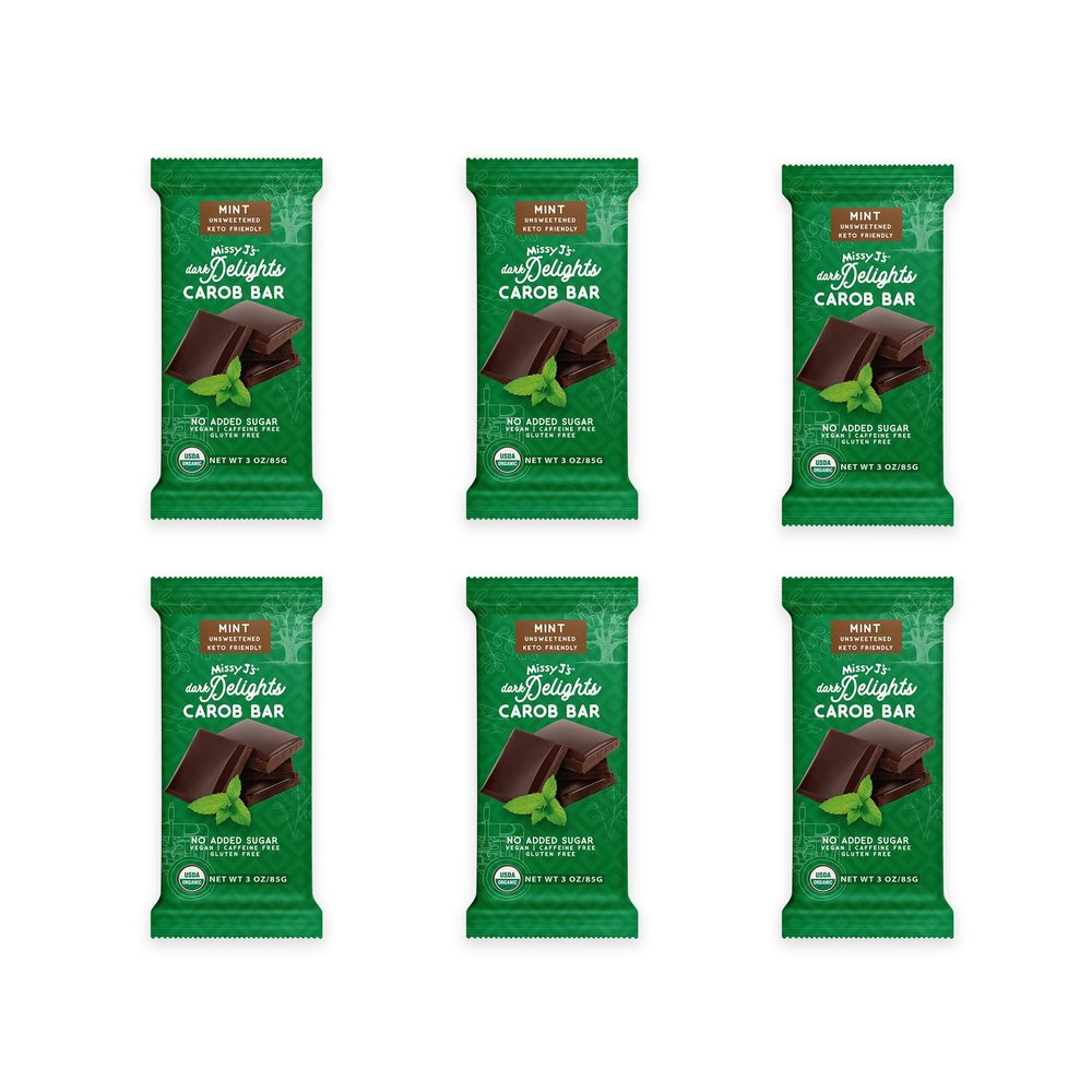 Missy J's Organic Carob Dark Delights Unsweetened Mint Candy Bar 3 Oz 6 Pack | Keto, Vegan and Gluten-Free | Healthy Caffeine Free Substitute for Chocolate, Perfect for Snacks and Treats