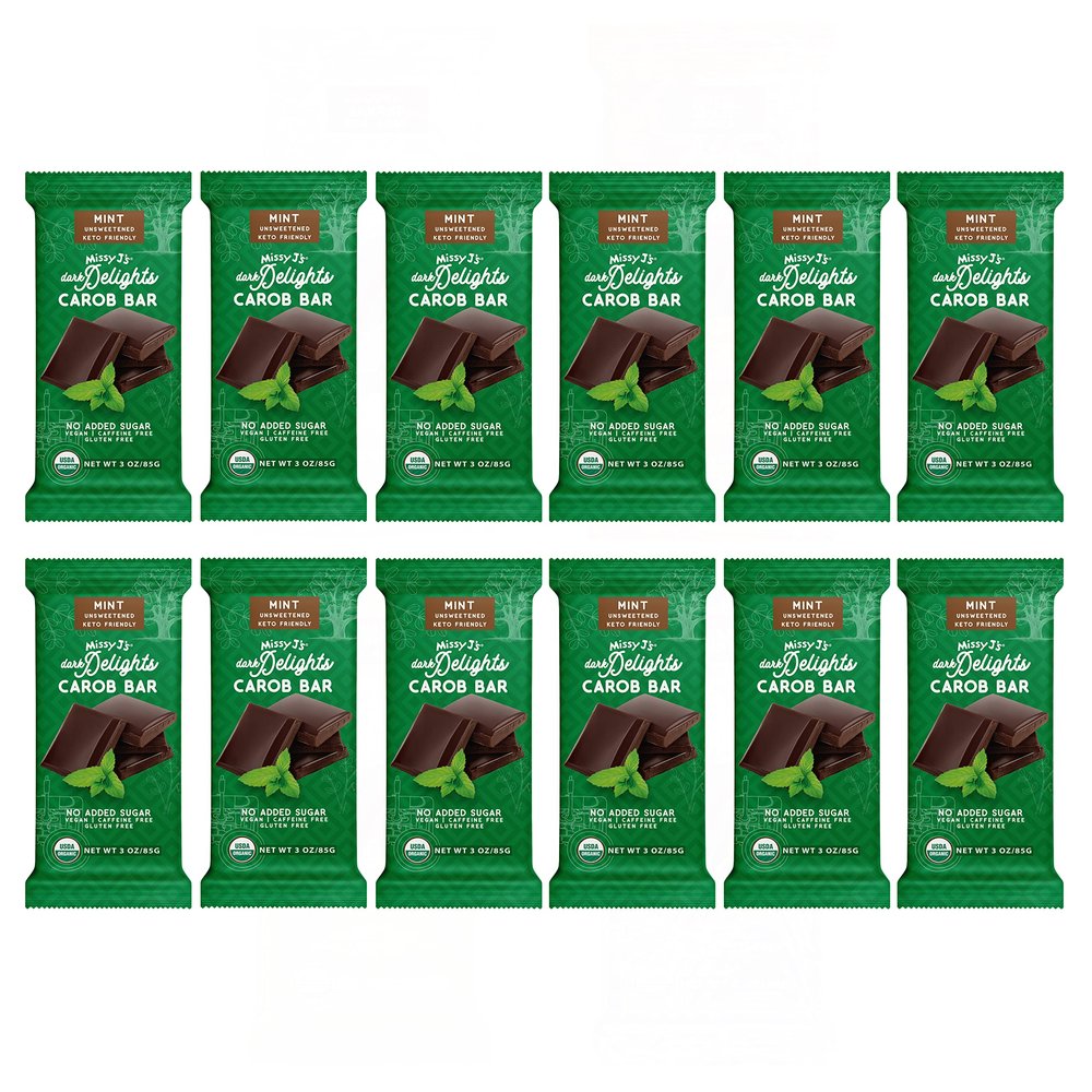 Missy J's Organic Carob Dark Delights Unsweetened Mint Candy Bar 3 Oz 12 Pack, Vegan Gluten Free, Substitute for Chocolate, Perfect for Snacks