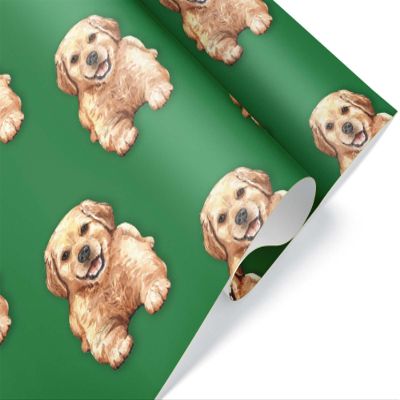 Cute Watercolor Puppy Golden Retriever Gift Wrap, Premium Green Dog Wrapping Paper, Christmas Birthday Party Decoration Decor (12 foot x 30 inch roll)