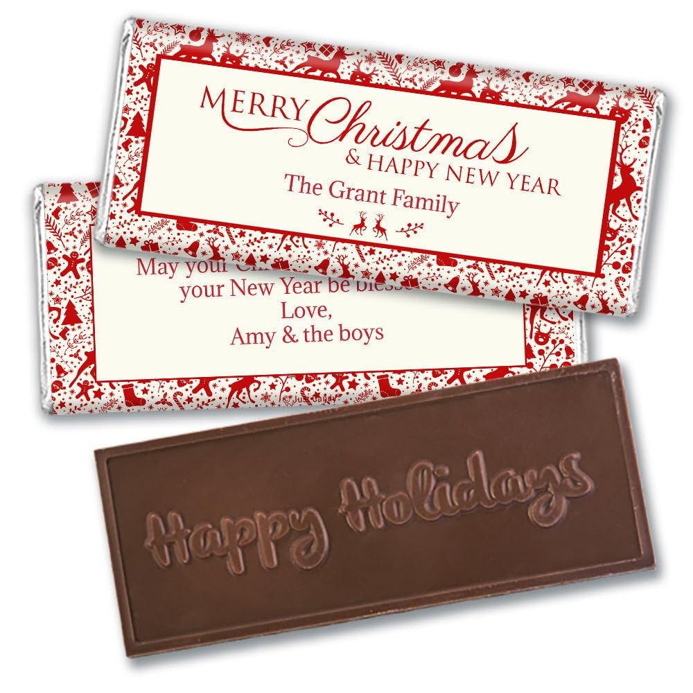 12ct Custom Christmas Candy Happy Holidays Embossed Chocolate Bar Party (12 Pack) - No Assembly Required - Iconic Christmas